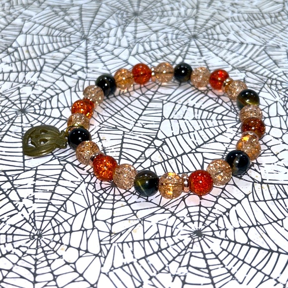 Handmade Halloween Pumpkin Charm Bracelet with Natural Tiger Eye Stones! - Picture 6 of 9